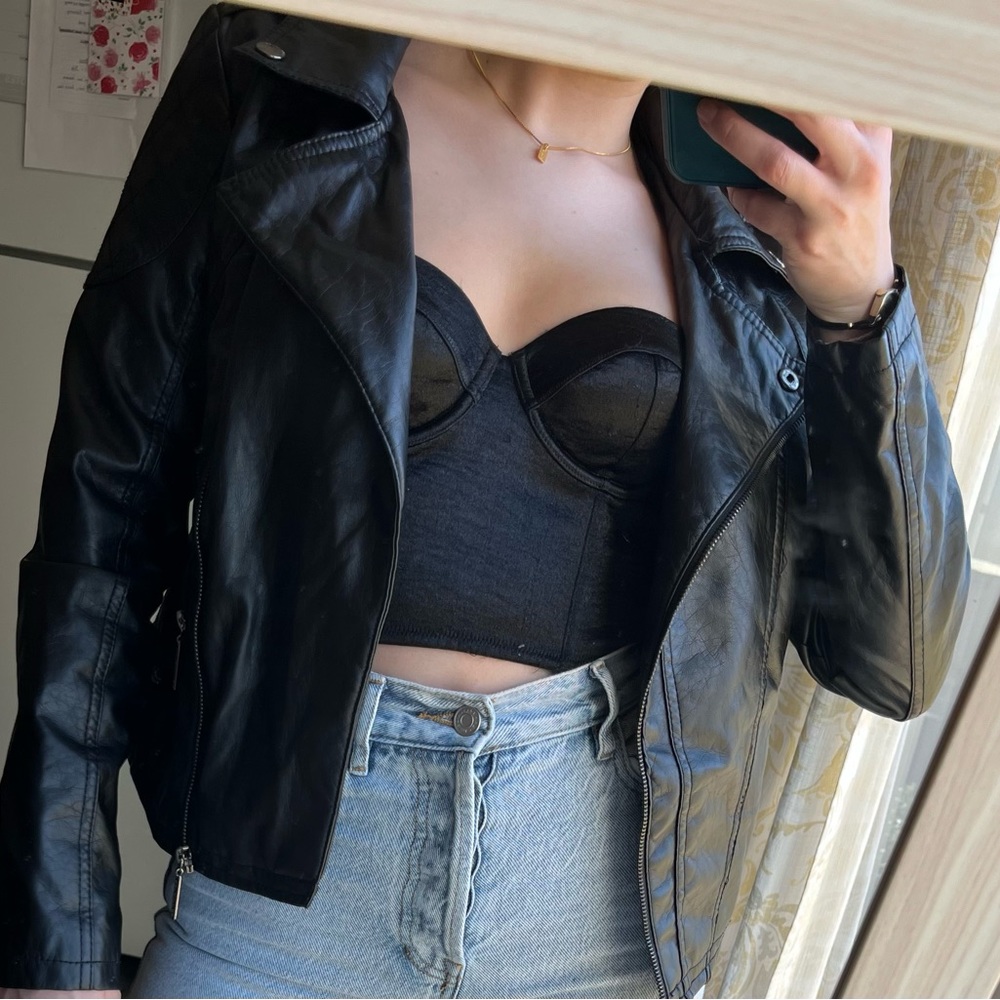Vintage leather jacket with black silk corset